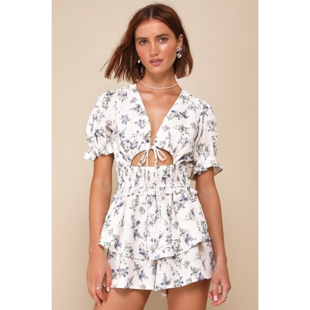 NWT Lulus Romper Dress White Ivory Floral Textured Tiered Smocked Cutout
